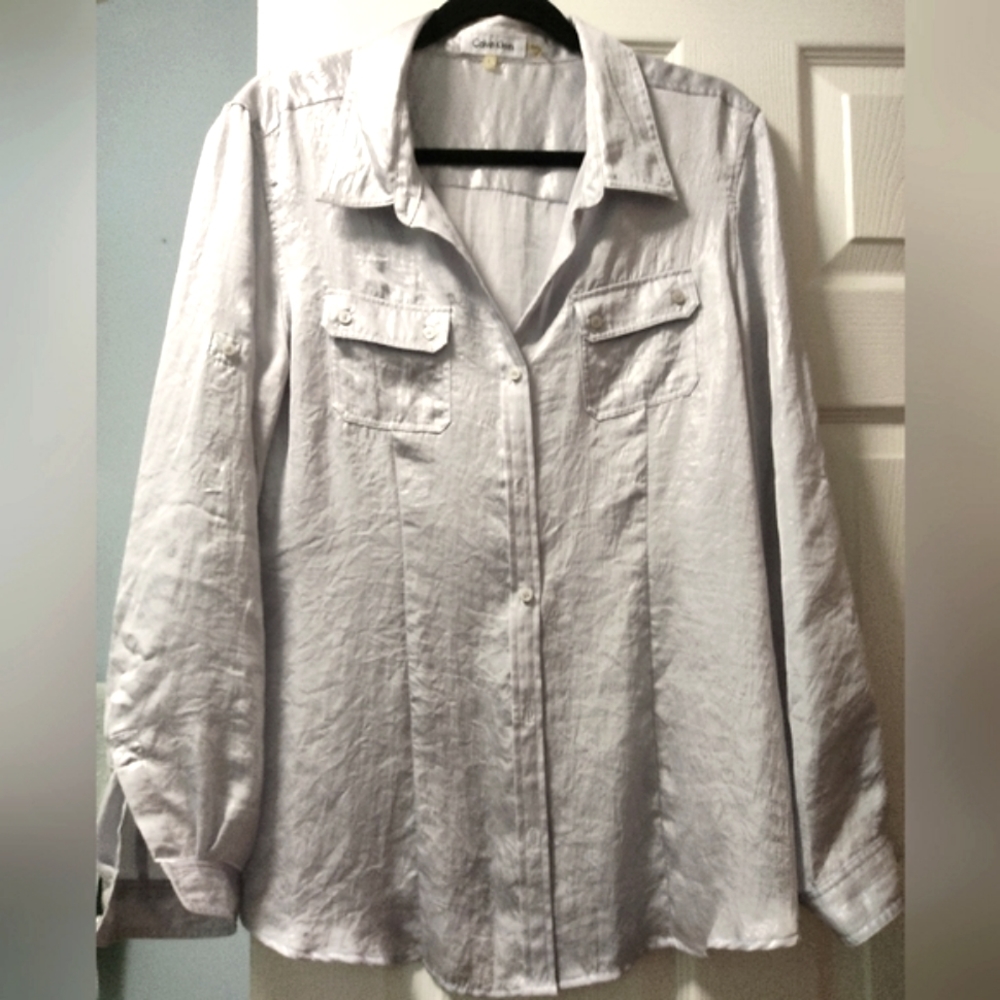 Calvin Klein botton down top shiny Silver size L soft New never worn